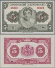 Luxembourg: Grand-Duché de Luxembourg 5 Francs ND(1944) SPECIMEN, P.43s with red serial number 00000, punch hole cancellation and overprint ”Specimen”...