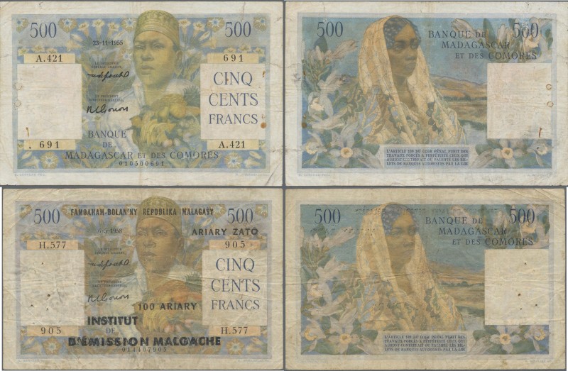 Madagascar: Pair of 500 Francs, one of the Banque de Madagascar et des Comores i...