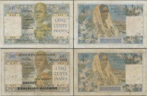 Madagascar: Pair of 500 Francs, one of the Banque de Madagascar et des Comores issue 1955, P.47a with signature title above: ”Controleur Général” (VG ...