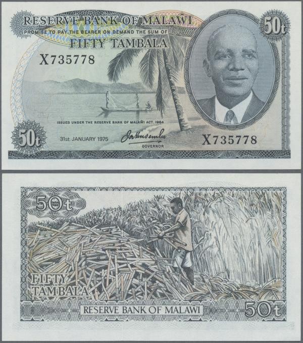 Malawi: Reserve Bank of Malawi 50 Tambala 1975, P.9c in perfect UNC condition.
...