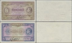 Malta: The Government of Malta pair with 10 Shillings ND(1940) P.19 (XF) and 1 Pound ND(1940) with signature: E. Cuschieri P.20b (VF, lightly pressed)...