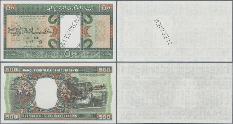 Mauritania: 500 Ouguiya 1983 front and reverse Specimen with perforation / red o...