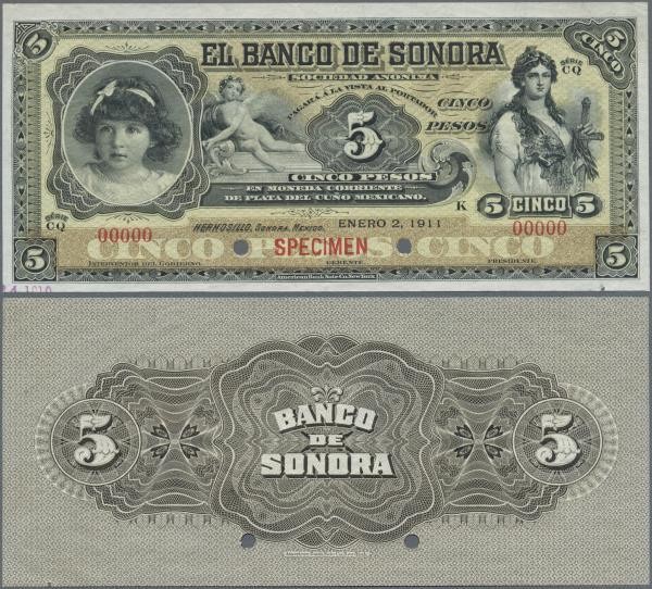 Mexico: El Banco de Sonora 5 Pesos 1911 SPECIMEN, P.S419s, punch hole cancellati...