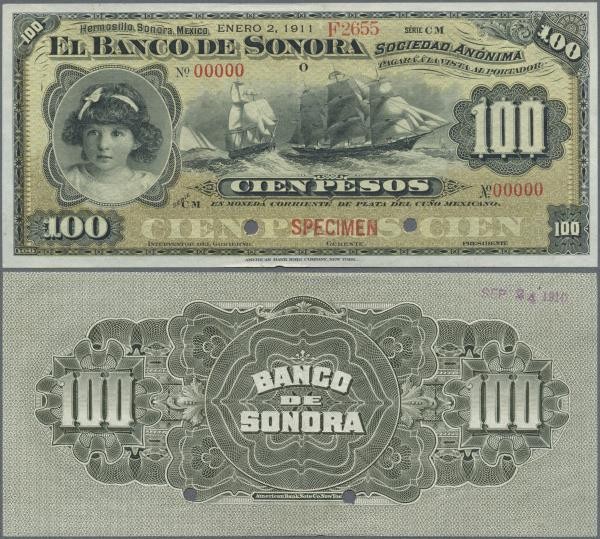 Mexico: El Banco de Sonora 100 Pesos 1911 SPECIMEN, P.S423s, punch hole cancella...