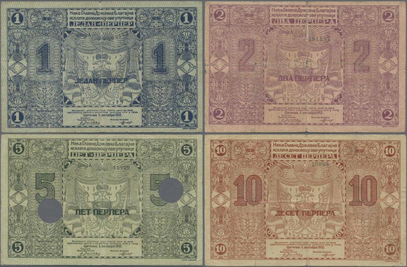 Montenegro: Ministry of Finance, set with 5 banknotes of the 1912 issue with 1 P...