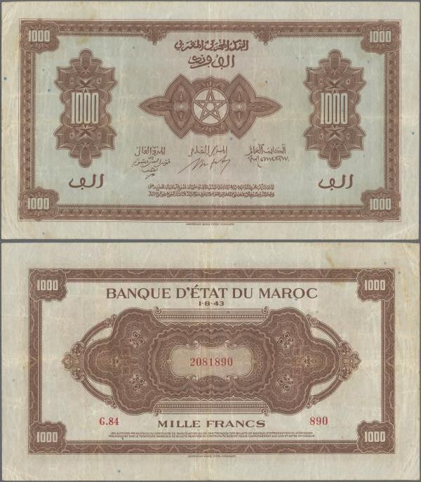 Morocco: Banque d'État du Maroc 1000 Francs 1943, P.28, great condition for this...