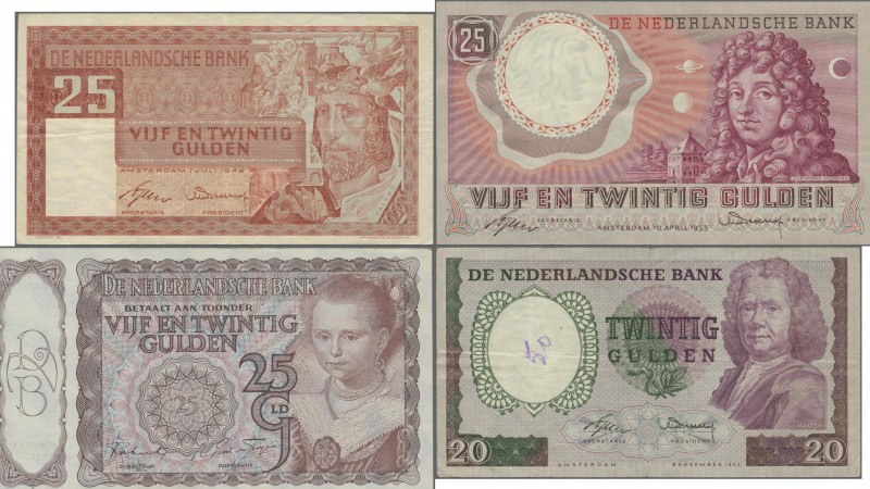 Netherlands: Lot with 6 banknotes series 1943 – 1955, comprising 25 Gulden 1944 ...