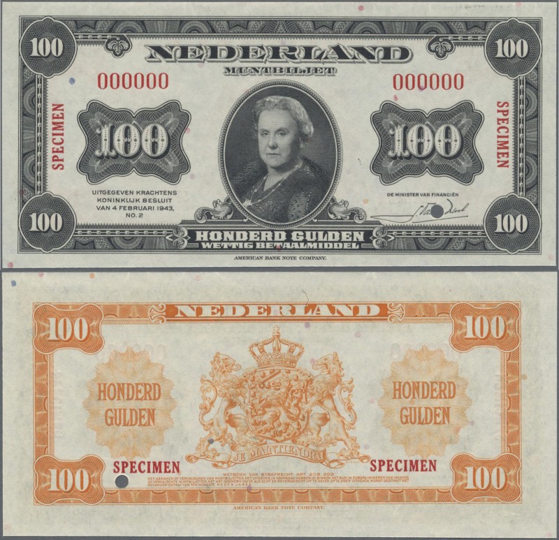 Netherlands: 100 Gulden Muntbiljet 1943 SPECIMEN, P.69s with red serial number 0...