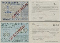 Netherlands: Waardebon 0,50 and 1 Gulden WINTERHULP 1941-1942 SPECIMEN with black serial number 000000 and red overprint ”Specimen”, P.NL, unfolded wi...