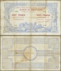 New Caledonia: 100 Francs 1914 P. 17, used with folds and creases, stain along the folds, several pinholes at left, 2 small border tears, no repairs, ...