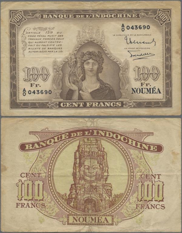 New Caledonia: Banque de l'Indochine 100 Francs ND(1942), P.44, lightly toned pa...