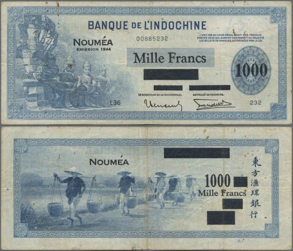 New Caledonia: Banque de l'Indochine - Noumea 1000 Francs overprint ”Émission 19...