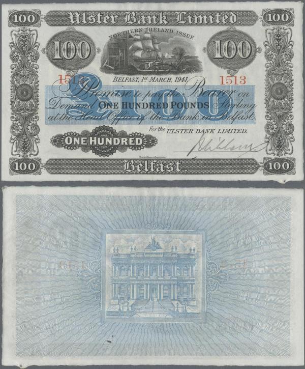 Northern Ireland: Ulster Bank Limited 100 Pounds 1941, P.320, great original sha...