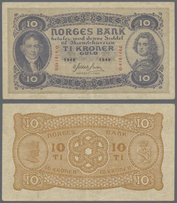 Norway: 10 Kroner 1940, P.8c, stronger center fold and a few minor spots. Condit...