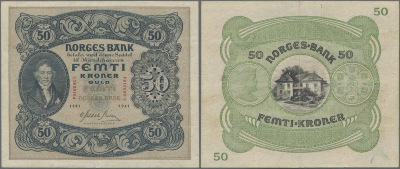 Norway: 50 Kroner 1941, P.9d, great original shape with a few folds and minor sp...