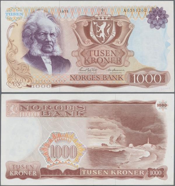 Norway: 1000 Kroner 1975, P.40a, very popular and rare banknote in great conditi...