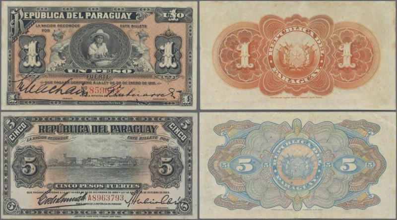 Paraguay: Pair with 1 Peso Fuerte L.1916 P.138 (XF) and 5 Pesos Fuertes L.1923 P...