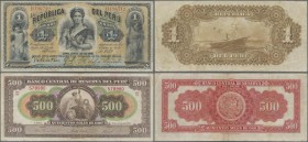 Peru: Pair with 1 Sol Republica del Peru 1879 P.1 (VF) and 500 Soles de Oro 1952 Banco Central de Reserva del Peru P.74 (F+). (2 pcs.)
 [differenzbes...