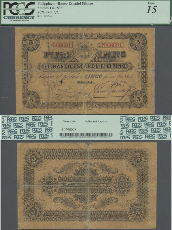 Philippines: Banco Español Filipino 5 Pesos June 1st 1896, P.A7a, extraordinary ...