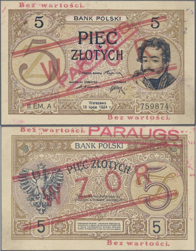 Poland: Bank Polski 5 Zlotych 1924 SPECIMEN, P.61s with red overprint ”WZOR” and...