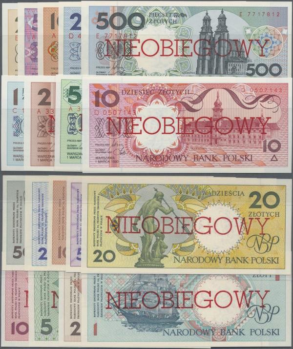 Poland: Set with 9 banknotes series 1990 ”NIEOBIEGOWY” with 1, 2, 5, 10, 20, 50,...