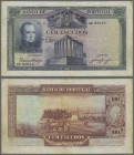 Portugal: Banco de Portugal 100 Escudos 1930, P.140, lightly stained paper, some tiny spots and a few folds and creases. Condition: F/F+. rare!
 [dif...
