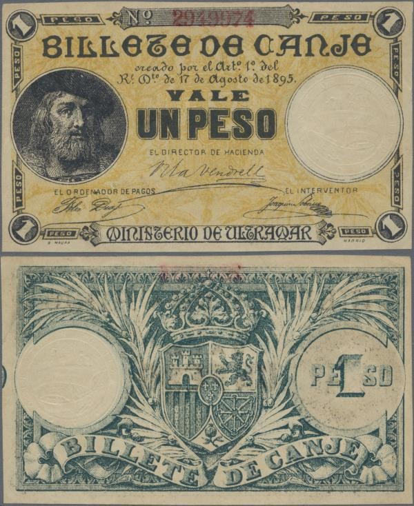 Puerto Rico: Billete de Canje - Exchange note 1 Peso 1895 without counterfoil, P...