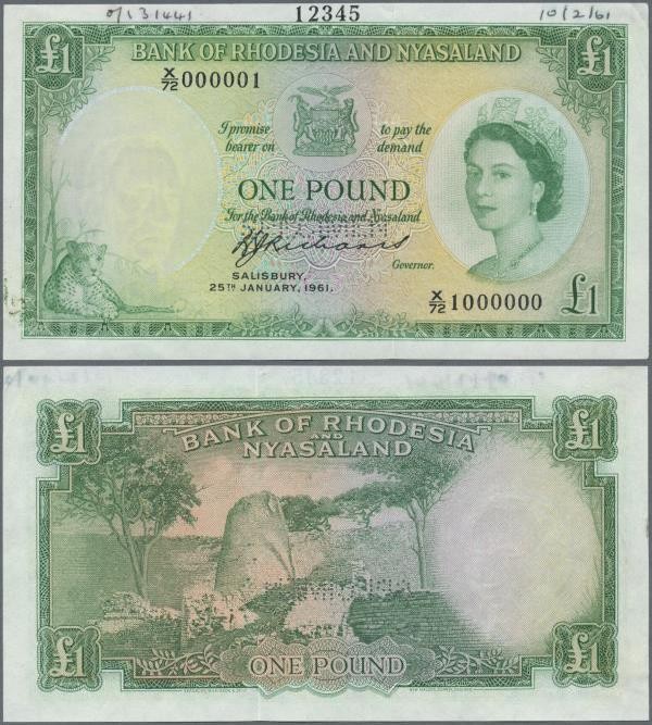 Rhodesia & Nyasaland: 1 Pound January 25th 1961 SPECIMEN, P.21bs with perforatio...