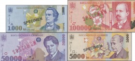Romania: Banca Naţională a României set with 4 different SPECIMEN 1996-1998 containing 1000 Lei 1996 P.106s, 5000 Lei 1998 P.107s, 50.000 Lei 1996 P.1...