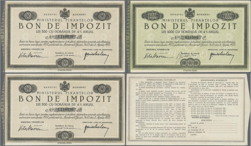 Romania: Set with 3 bonds ”Bon de Impozit” 500 Lei (UNC), 1000 (aUNC) and 5000 L...