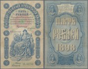 Russia: 5 Rubles 1898 with signatures: PLESKE / SOVRONOV, P.3a, still nice note with minor margin splits and several folds, Condition: F+.
 [differen...