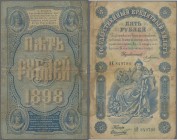 Russia: 5 Rubles 1898 with signatures: PLESKE / SHELKOV, P.3a, larger tear at upper left, stained paper and tiny hole at center, Condition: VG/F-.
 [...