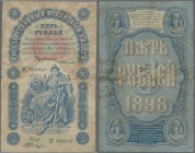 Russia: 5 Rubles 1898 with signatures: TIMASHEV / SHAGIIN, P.3b, rare signature variety, almost well worn condition with larger taped tears and toned ...