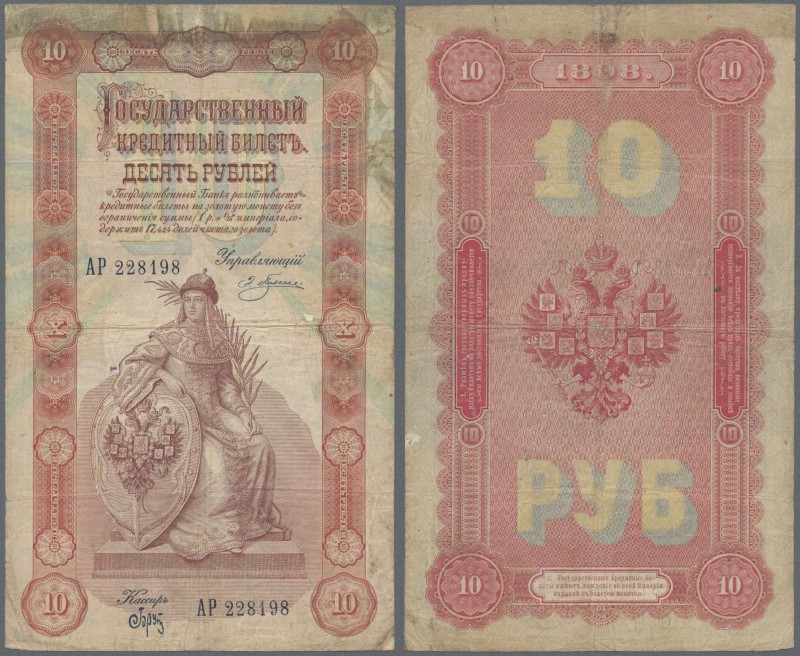 Russia: 10 Rubles 1898 with signatures: PLESKE / BRUT, P.4a, larger stains at up...