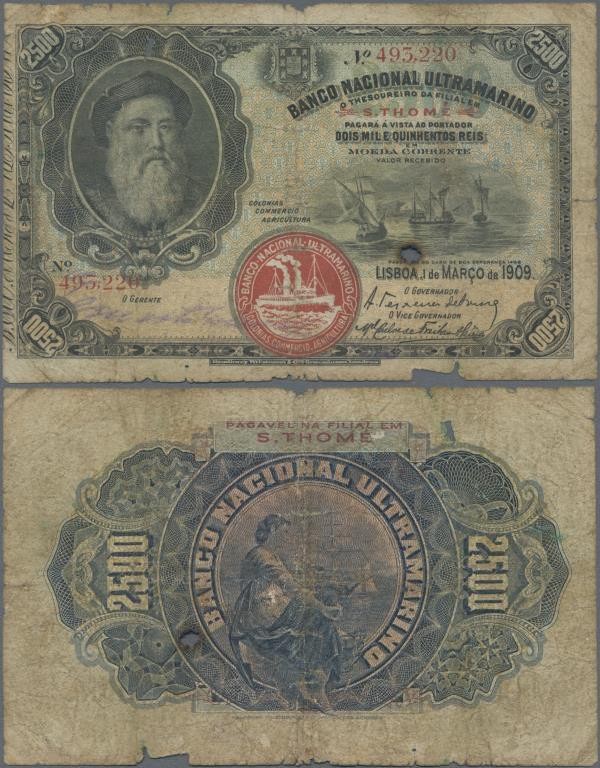 Saint Thomas & Prince: Banco Nacional Ultramarino 2500 Reis 1909, P.8, extraordi...