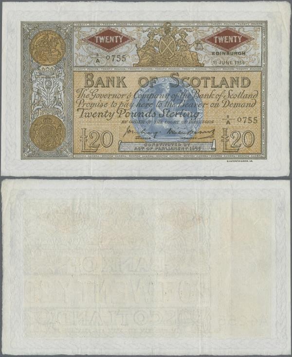 Scotland: Bank of Scotland 20 Pounds 1956 with signatures: Craig & Watson, P.94e...