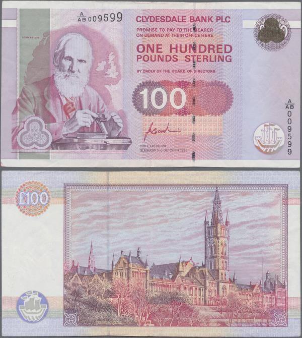 Scotland: Clydesdale Bank PLC 100 Pounds 1996, P.223, stronger fold at center an...