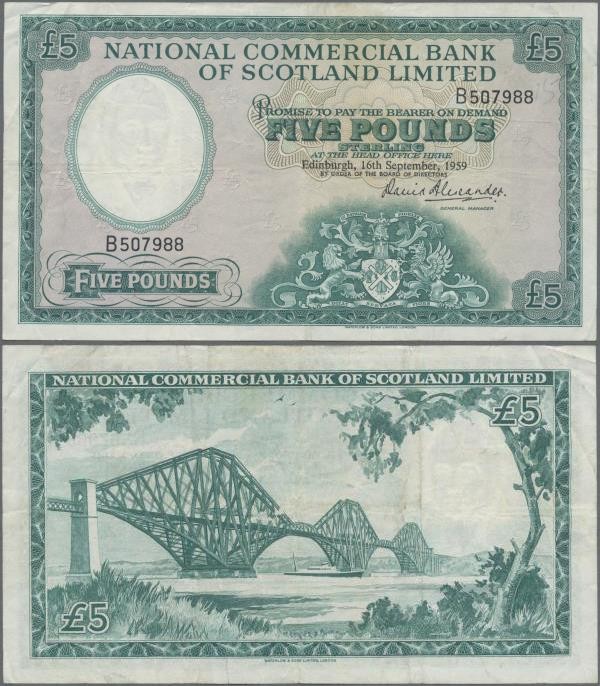 Scotland: National Commercial Bank of Scotland Limited 5 Pounds 1959, P.266, sti...