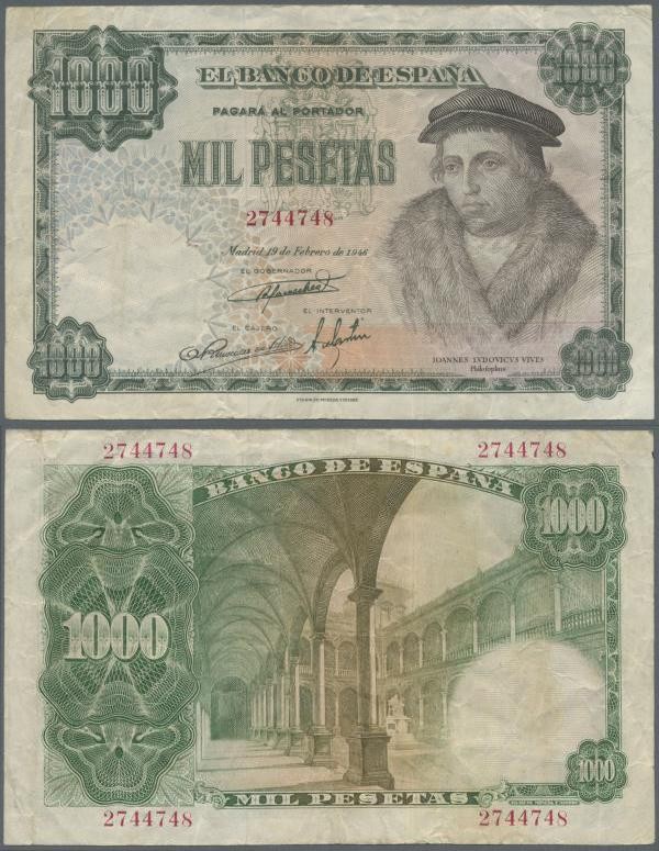 Spain: 1000 Pesetas 1946 P. 133a, used with folds, no holes or tears, still cris...