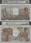 Tahiti: Banque de l'Indochine – PAPEETE 1000 Francs ND(1940-57) SPECIMEN, P.15s with block and serial number O.00 000 and 00000000 and perforation ”Sp...