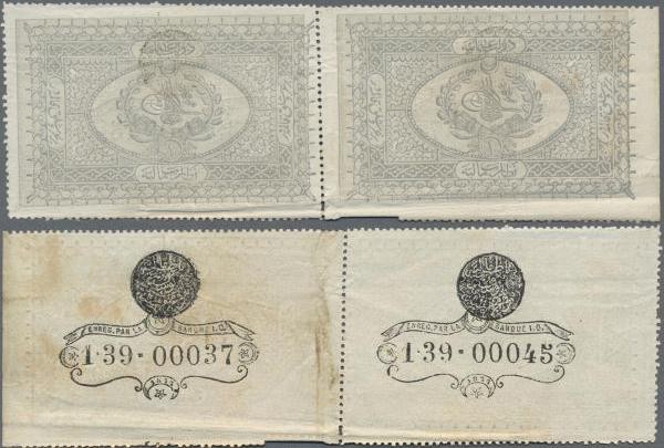 Turkey: Banque Impériale Ottomane uncut pair of 1 Kurus AH 1293-1295 (1876-78), ...