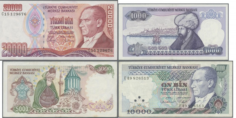 Turkey: Set with 6 banknotes 5, 2x 1000, 5000, 10.000 and 20.000 Lira P.185, 196...