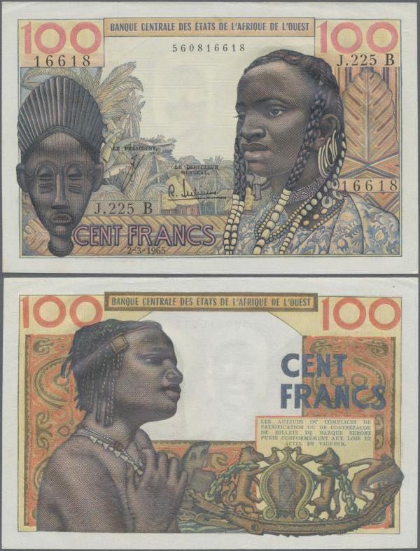 West African States: 100 Francs 1965, letter ”B” = BENIN, P.201Be, almost perfec...