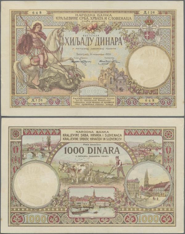 Yugoslavia: Kingdom of Serbs, Croats and Slovenes 1000 Dinara 1920 contemporary ...