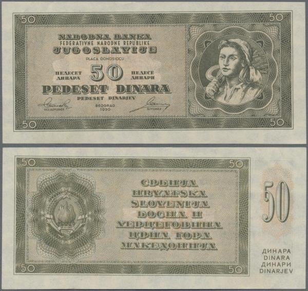 Yugoslavia: 50 Dinara 1950 unissued series, P.67U, tiny bend at upper left, othe...