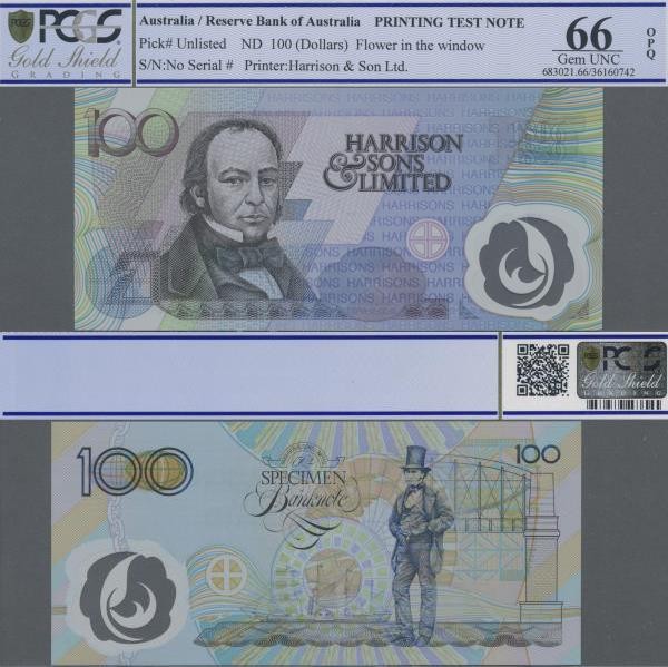 Testbanknoten: Polymer Test Note 100 for the Reserve Bank of Australia by Harris...