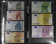 EURO: Acrylic block with an original set of the Euro banknotes with 5, 10, 20, 50, 100, 200 and 500 Euros, issued by the ”Nederlandsche Bank”, compris...