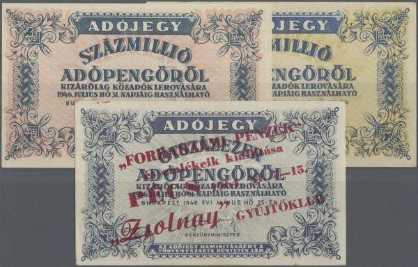 Hungary: Almost complete lot with 18 banknotes of the 1946 Tax-Pengö issue from ...