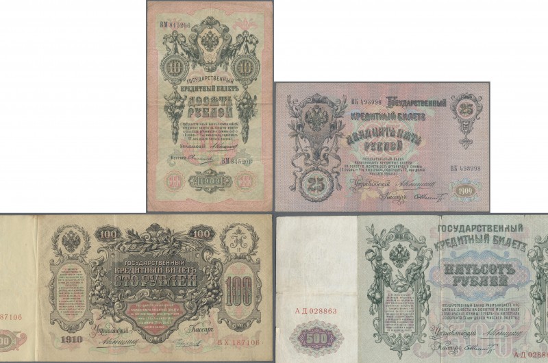 Russia: Album with 62 banknotes 10, 25, 100 and 500 Rubles 1909, 1910 and 1912, ...