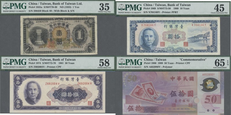 Taiwan: Nice lot with 13 banknotes containing 1 Yen ND(1933) P.1925a PMG 35, 2x ...